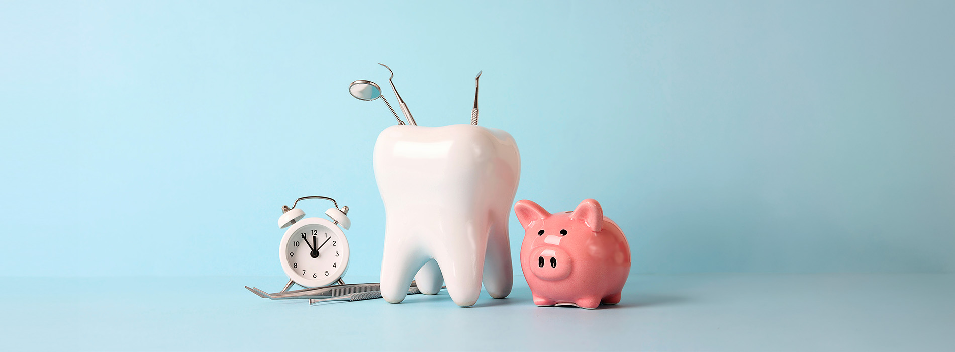 An illustration of a toothbrush with an adorable pink pig character next to a small clock on a light blue background, suggesting dental hygiene.