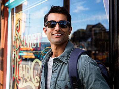 The image shows a man standing outdoors, wearing sunglasses and a blue jacket, posing in front of a storefront with a sign that reads Sweet Treats.