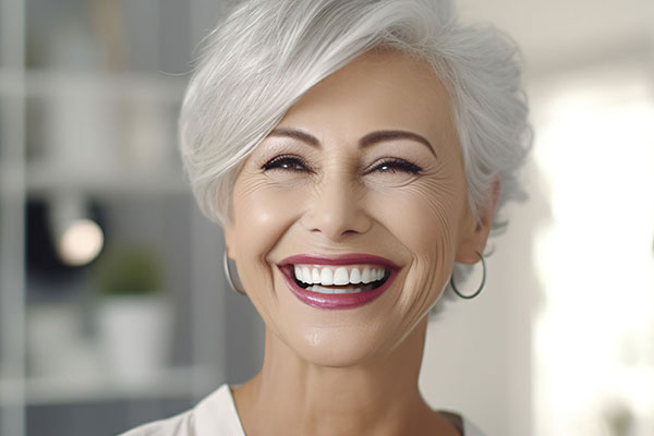 The image shows a smiling older woman with short hair, wearing makeup and a white top, set against a blurred background that suggests an indoor setting.